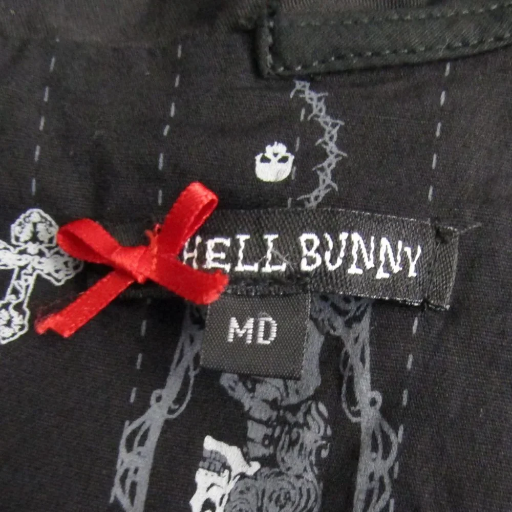 Hell Bunny Collared Gemma Mini Dress in Black Pinstripe Skull Cameo - M - Picture 9 of 10